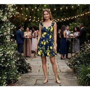 Aqua Navy Blue Lemon Print Ruffle Mini Dress S